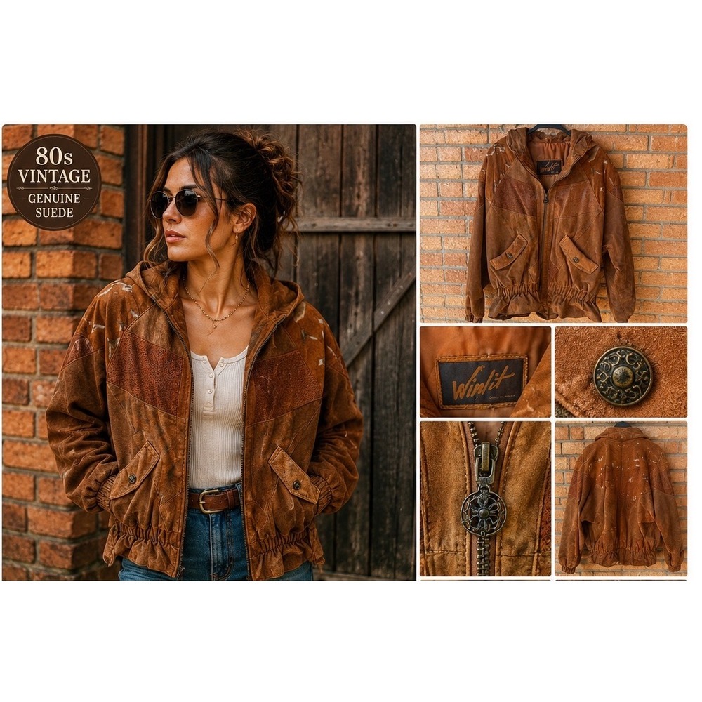 Winit Suede Bomber Jacket Womens Large Brown Vintage 80s Patchwork‎ Hooded Coat